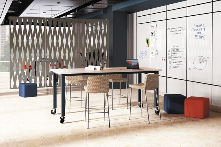 Office setting with designer acoustic paneling.