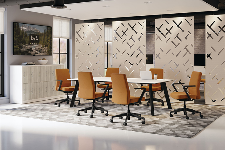 Office meeting room with acoustic paneling.