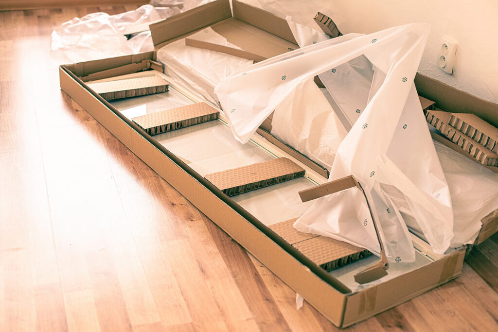 Open box of cheap office furniture