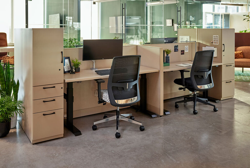 Office adjustable height workstations with ergonomic chairs