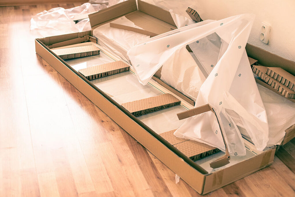 Open box containing unassembled flat-pack office furniture and hardware